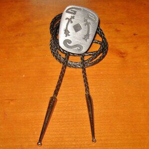 Aztec Dancers Bolo Tie Metal Slide Western Design Black Cord Southwestern Style
